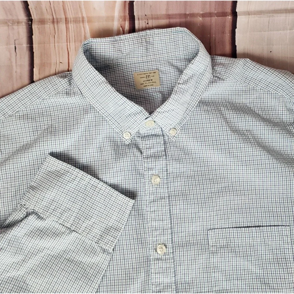 J CREW Shirt Mens XL 17-17.5 2-Ply‎ Cotton Button Down L/S Purple Green Check